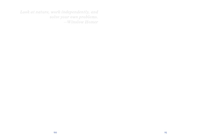 A minimal white page from Schiffer Publishing, Ltd.'s Sketchbook Traveler New England features a faint Winslow Homer quote at the top. Ideal for art journaling or travel sketchbooks. Page numbers 90 and 91 are at the bottom corners.