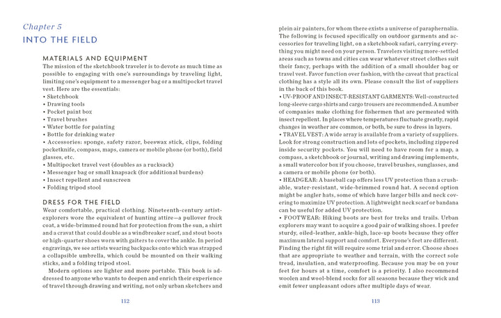 A book spread titled Into the Field in *Sketchbook Traveler New England* by Schiffer Publishing, Ltd. shares painting and drawing tips—covering materials, gear, and field dress—for building a travel sketchbook or New England art journal. Pages 112–113 are shown.