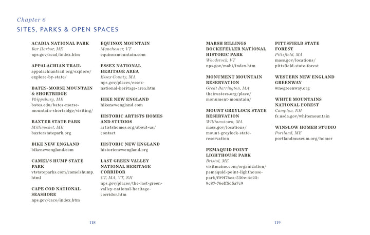 Schiffer Publishing, Ltd.’s Sketchbook Traveler New England features a spread listing parks, forests, and historic sites in New England—ideal for travel sketches—with names, locations, and websites on crisp white pages with blue and black text.