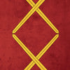 Illustration of four yellow swords crossed on a textured red background, with the number 4 and symbol, inspired by medieval tarot imagery. From the Tarot Médiéval deck by Schiffer Publishing, Ltd.