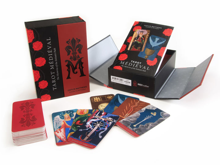 Tarot Médiéval by Schiffer Publishing, Ltd. features a medieval-inspired tarot deck with an ornate red and black box, colorful cards spread out, and an open booklet showing a decorative interior lining.