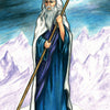 The Steele Wizard Tarot by Schiffer Publishing, Ltd. features the 9 Hermit card: an elderly, bearded figure in blue and white with a staff, standing on a snowy peak beneath a glowing star, bordered in purple and gold—for Tarot enlightenment.