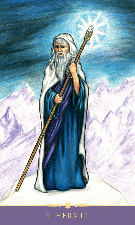The Steele Wizard Tarot by Schiffer Publishing, Ltd. features the 9 Hermit card: an elderly, bearded figure in blue and white with a staff, standing on a snowy peak beneath a glowing star, bordered in purple and gold—for Tarot enlightenment.