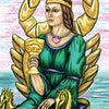 A woman in a green dress and crown sits on a seahorse-adorned throne by the sea, holding a golden cup under a purple sky. “Queen of Cups” appears below. Card art from Steele Wizard Tarot by Schiffer Publishing, Ltd.