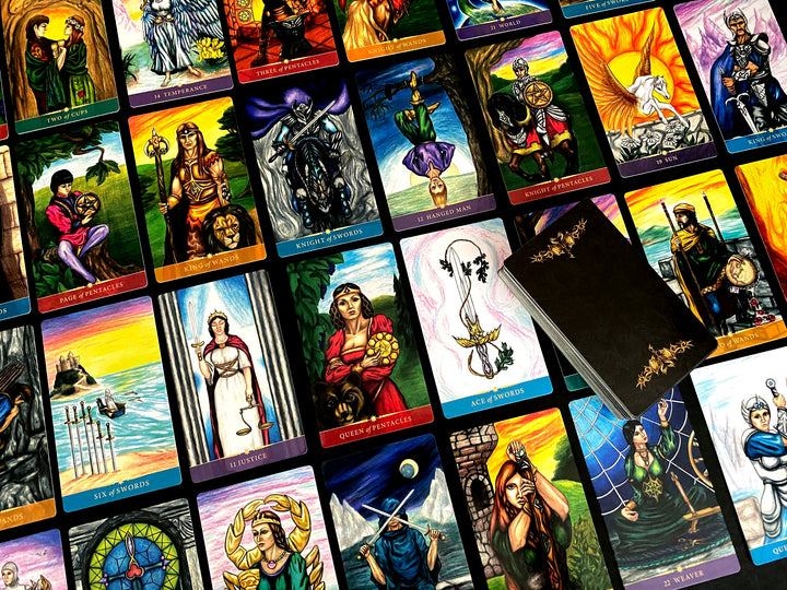 Steele Wizard Tarot by Schiffer Publishing, Ltd. features vibrant, mystical illustrations on all 88 unique cards. Laid out in rows, each card displays colorful scenes and symbols, with some partially covered by a stacked deck.