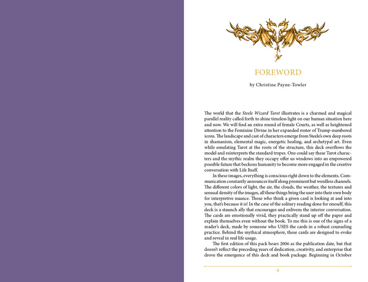 A two-page spread in the Steele Wizard Tarot by Schiffer Publishing, Ltd. shows a Foreword with ornate gold art at the top, detailed self-empowerment text on the left page, and author Christine Payne-Towler’s name on the right.