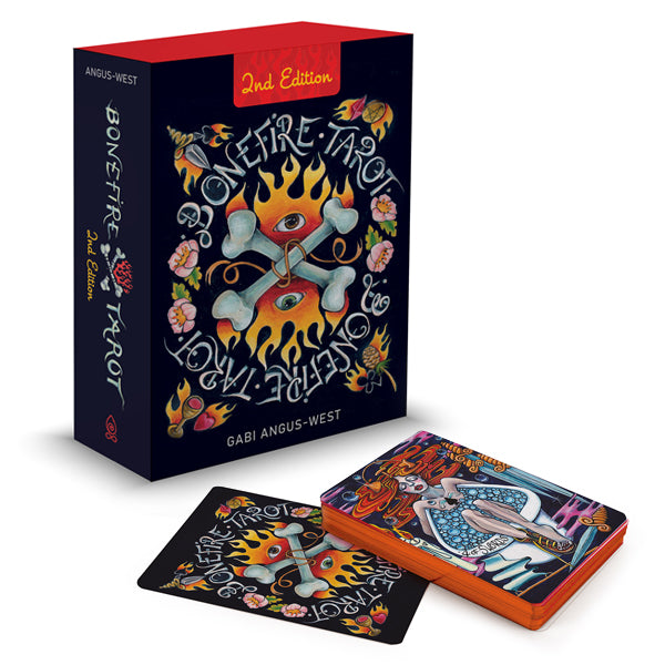 The Bonefire Tarot by Schiffer Publishing, Ltd. features a colorful box and a vibrant hand-painted deck with bold images of flames, flowers, and mystical symbols. Artwork by Gabi Angus-West.