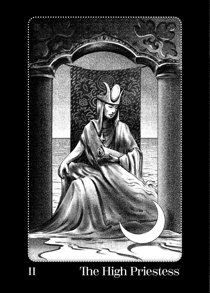 The High Priestess card from the 78-card Nightfall Tarot deck by Schiffer Publishing, Ltd. depicts a robed woman seated between two pillars, holding a scroll, with a crescent moon at her feet and marked II.