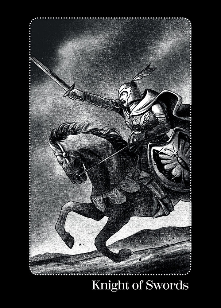 A knight in armor rides a galloping horse, sword raised high beneath a stormy sky—a bold scene from Schiffer Publishing, Ltd.'s Nightfall Tarot, inspired by the classic 78-card Knight of Swords.