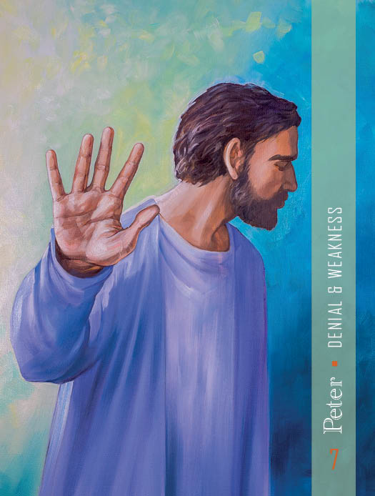 A bearded man in a blue robe raises his hand before a green-blue background, symbolizing spiritual evolution. "Peter • Denial & Weakness" appears on the side. From the Christ Consciousness Self-Mastery Oracle by Schiffer Publishing, Ltd.