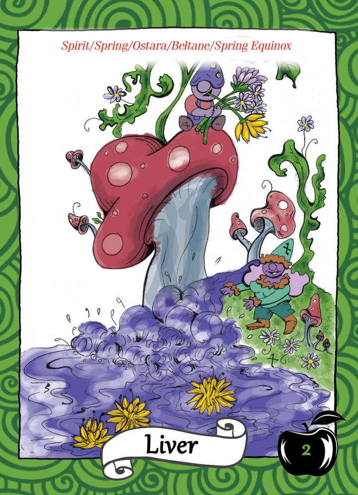 A whimsical card from The Healthy Witch Oracle Cards by Schiffer Publishing, Ltd. depicts a red-and-white mushroom with purple liquid, flowers, vines, and butterflies and features the words "Liver" and “Spirit/Spring/Ostara/Beltane/Spring Equinox.”.