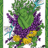 A green figure with leafy hair hugs themselves among purple and yellow flowers, two blue fairies nearby. Text: Spring/Skin/Earth Walking, Wellness/Love Yourself—The Healthy Witch Oracle Cards by Schiffer Publishing, Ltd.—black apple, number 10.