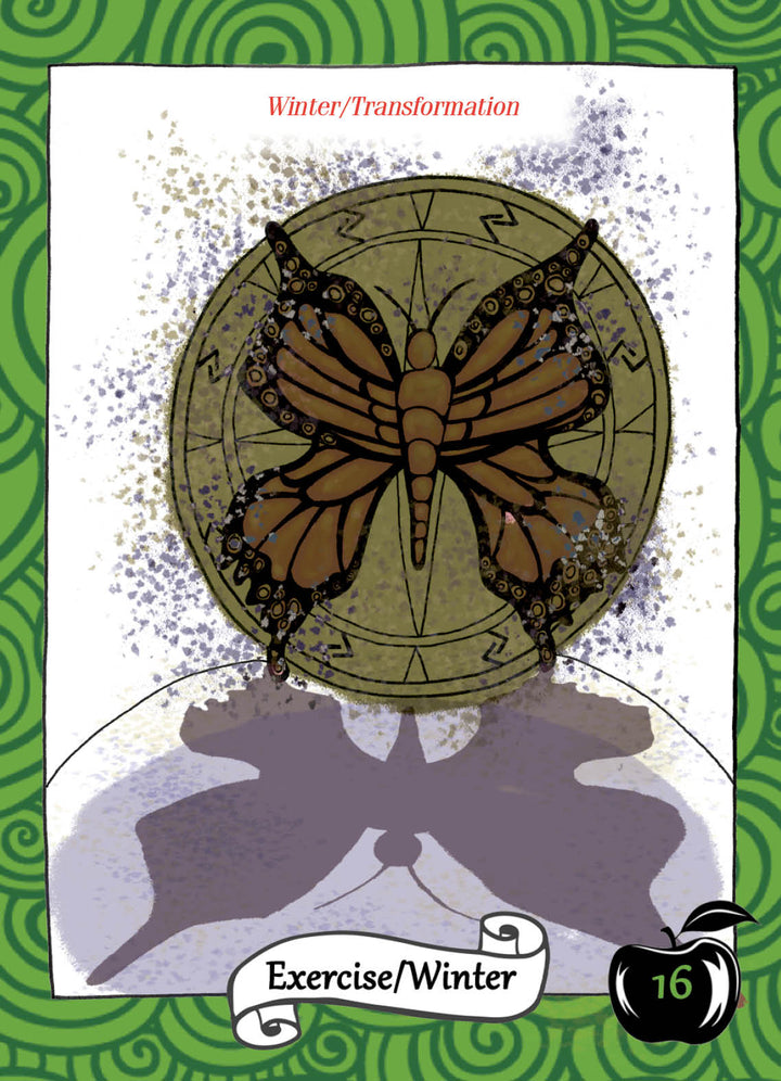 A brown butterfly with a shadow rests before a circle of symbols against a swirling green background. "Winter/Transformation" and "Exercise/Winter" appear near a green apple and the number 16, promoting The Healthy Witch Oracle Cards by Schiffer Publishing, Ltd.