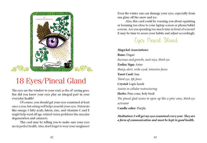 A two-page spread from The Healthy Witch Oracle Cards by Schiffer Publishing, Ltd. features the 18 Eyes/Pineal Gland card with illustrated eyes, pine cones, and herbs, plus text on eye health and magical associations.