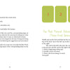 An open book from The Healthy Witch Oracle Cards by Schiffer Publishing, Ltd. displays instructions for a simple spread and a three-card Past, Present, Future spread with green text and numbered boxes labeled 1, 2, and 3.