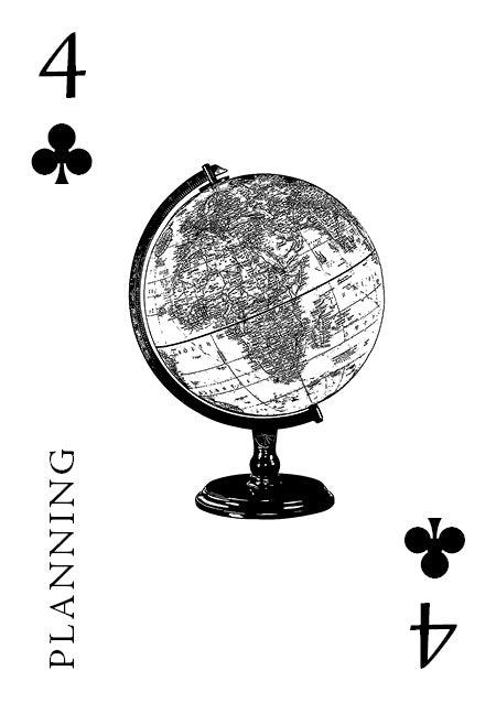 A card from the Inner Eye Oracle by Schiffer Publishing, Ltd. depicts a globe at the center of the Four of Clubs, with "PLANNING" written vertically along the left side as part of an illustrated deck.