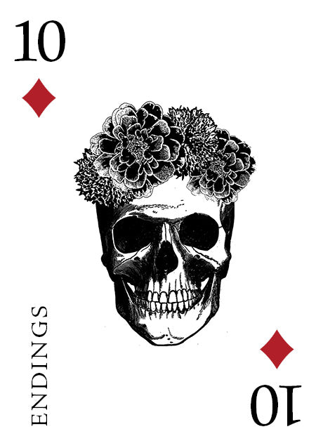 The Inner Eye Oracle by Schiffer Publishing, Ltd. features a 10 of Diamonds card labeled ENDINGS, displaying a black skull with blooming flowers atop it, all centered on a white background.