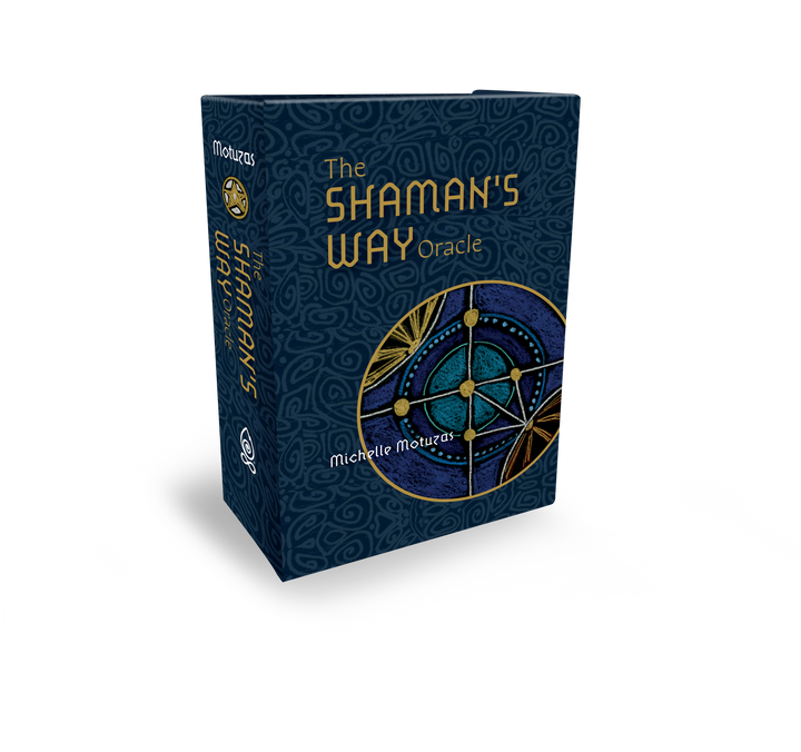 The Shaman’s Way Oracle by Schiffer Publishing, Ltd. is a blue box set featuring Michelle Motuzas’ circular tribal design in gold, blue, and green—an inspiring oracle deck for spiritual healing card seekers.