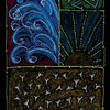 A vibrant card from The Shaman’s Way Oracle by Schiffer Publishing, Ltd. shows blue waves, a rising sun, and white stick-figures leaping on brown soil. "Leap of Faith" is at the bottom, with 11 at top left—ideal for spiritual healing.