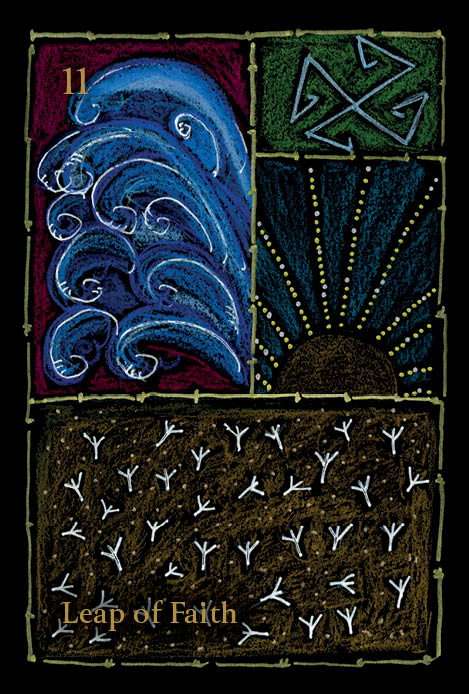 A vibrant card from The Shaman’s Way Oracle by Schiffer Publishing, Ltd. shows blue waves, a rising sun, and white stick-figures leaping on brown soil. "Leap of Faith" is at the bottom, with 11 at top left—ideal for spiritual healing.
