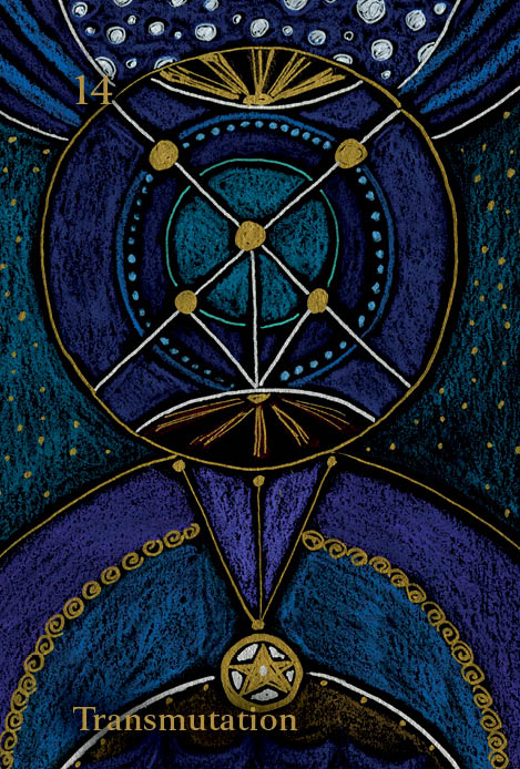 The Shaman’s Way Oracle by Schiffer Publishing, Ltd. features an abstract ascension card with blue, gold, and teal geometric designs. The number 14 is in the top left and “Transmutation” in gold at the bottom, symbolizing spiritual healing.