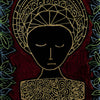 A gold-line drawing of a calm face with closed eyes, intricate halo, and green vines appears on The Shaman’s Way Oracle card by Schiffer Publishing, Ltd., featuring a deep red background, “30” at the top left, and “Higher Self” below.