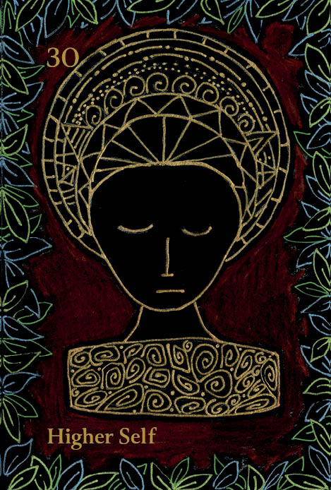 A gold-line drawing of a calm face with closed eyes, intricate halo, and green vines appears on The Shaman’s Way Oracle card by Schiffer Publishing, Ltd., featuring a deep red background, “30” at the top left, and “Higher Self” below.