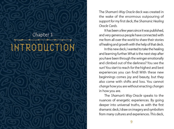A book spread from The Shaman’s Way Oracle by Schiffer Publishing, Ltd.: left page shows Chapter 1: Introduction in gold, while page 9 on the right describes the inspiration and goals of this spiritual healing oracle deck.