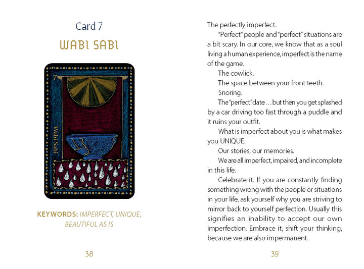 An open book from The Shaman’s Way Oracle (Schiffer Publishing, Ltd.) displays Card 7, WABI SABI: the left page shows an abstract sun over a bowl with droplets; the right page discusses embracing imperfection for spiritual growth.