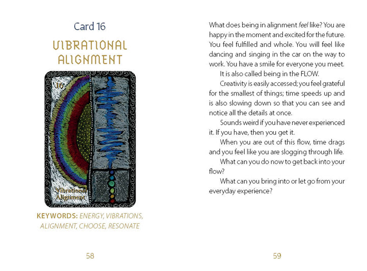 A card titled Vibrational Alignment from The Shaman’s Way Oracle by Schiffer Publishing, Ltd. displays artistic text and an abstract glowing figure. The page explains alignment and shares spiritual healing tips for moments of feeling out of sync.