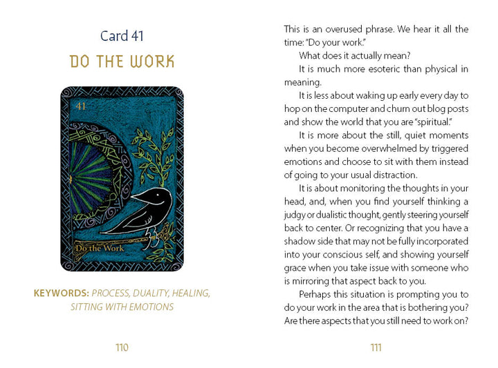 The Shaman’s Way Oracle by Schiffer Publishing, Ltd. features a DO THE WORK card with a black bird on a branch and green patterns, offering two pages on effort, healing, and spiritual growth through spiritual healing and self-discovery.