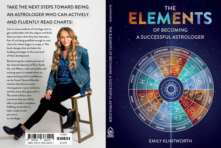 Book cover for The Elements of Becoming a Successful Astrologer by Schiffer Publishing, Ltd., showcases a woman seated on a stool and a zodiac wheel with a starry background—ideal for those aspiring to become professional astrologers.