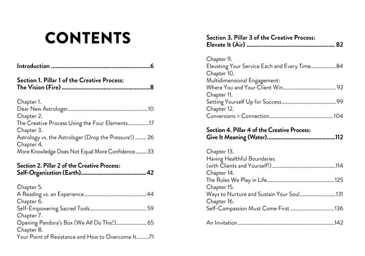 Table of contents from "The Elements of Becoming a Successful Astrologer" by Schiffer Publishing, Ltd., covering astrology, chart reading, storytelling, overcoming resistance, self-care, and finding meaning.