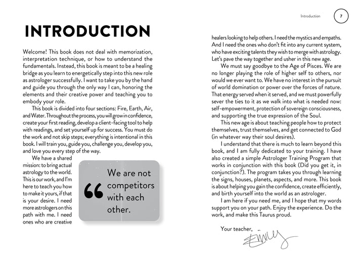 An open book, "The Elements of Becoming a Successful Astrologer" by Schiffer Publishing, Ltd., shows an intro page with a welcome message, a gray box quoting “We are not competitors with each other,” and a handwritten signature, “Emily,” professional astrologer.