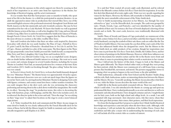 Two pages from "New Directions in Tarot" by Schiffer Publishing, Ltd. show dense three-column text on tarot interpretation, symbology, and historical figures like Pamela Colman Smith from Rider-Waite-Smith Tarot; no images or illustrations appear.