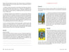 A page from "New Directions in Tarot" by Schiffer Publishing, Ltd. explains play elements using Rider-Waite-Smith Tarot cards, features two character illustrations, text on character development, and exercises for analyzing roles via tarot.