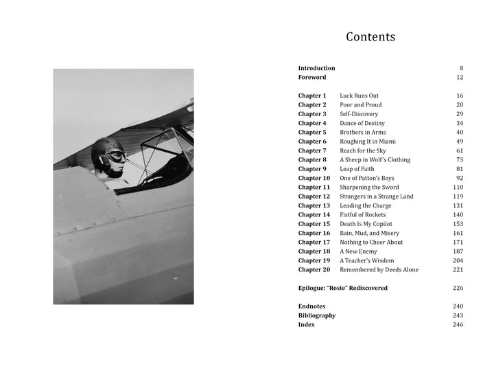 A black and white photo from Bazooka Charlie by Schiffer Publishing, Ltd. shows WWII pilot Charles Carpenter in an open-cockpit biplane. On the right, a table of contents displays book chapters and page numbers.