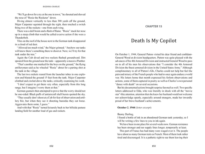 A two-page spread from "Bazooka Charlie" by Schiffer Publishing, Ltd. The left page concludes a passage; the right introduces WWII pilot Charles Carpenter, known as Bazooka Charlie, and starts a new World War II narrative in Chapter 15.