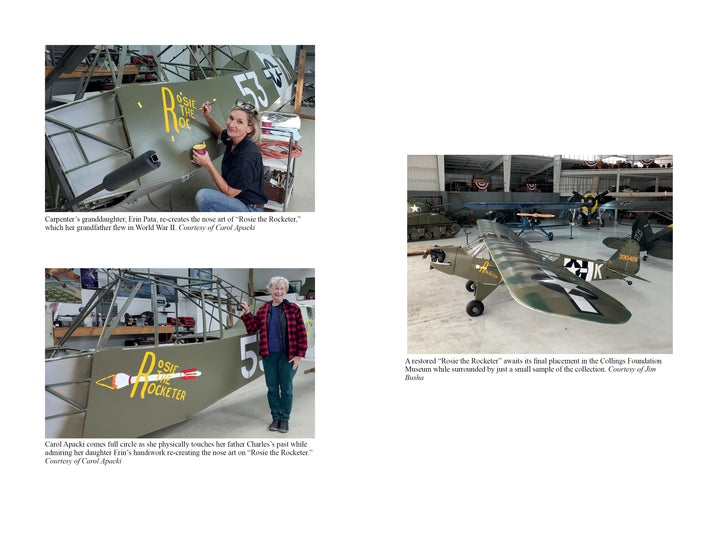 Three photos from Schiffer Publishing, Ltd.'s "Bazooka Charlie" feature the WWII P-47 “Rosie the Rocketer”: a woman points at its nose art, smiles by the plane, and a third image spotlights the restored aircraft of Charles “Bazooka Charlie” Carpenter.