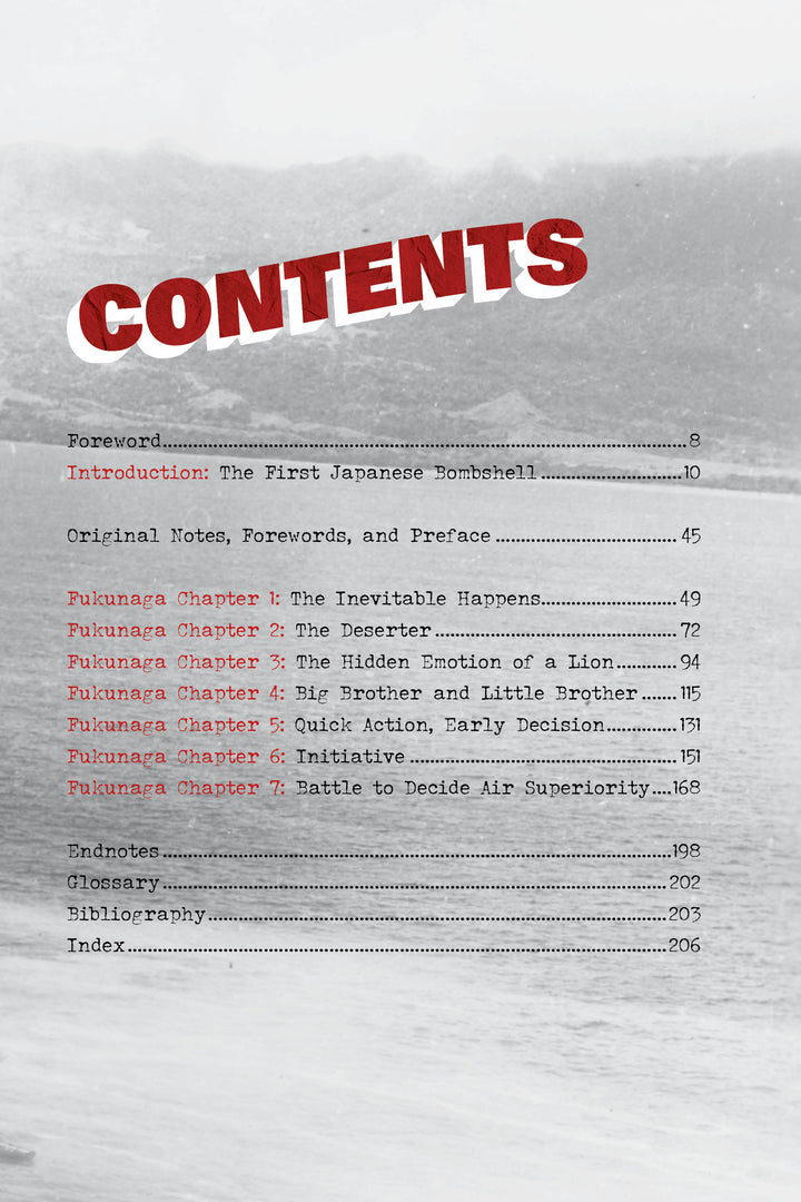 Table of contents page for Japanese War Fantasy 1933 by Schiffer Publishing, Ltd., with a red CONTENTS header, Fukumura Chapters 1–7 listed, and a grayscale wave background evoking classic Japanese pulp fiction.