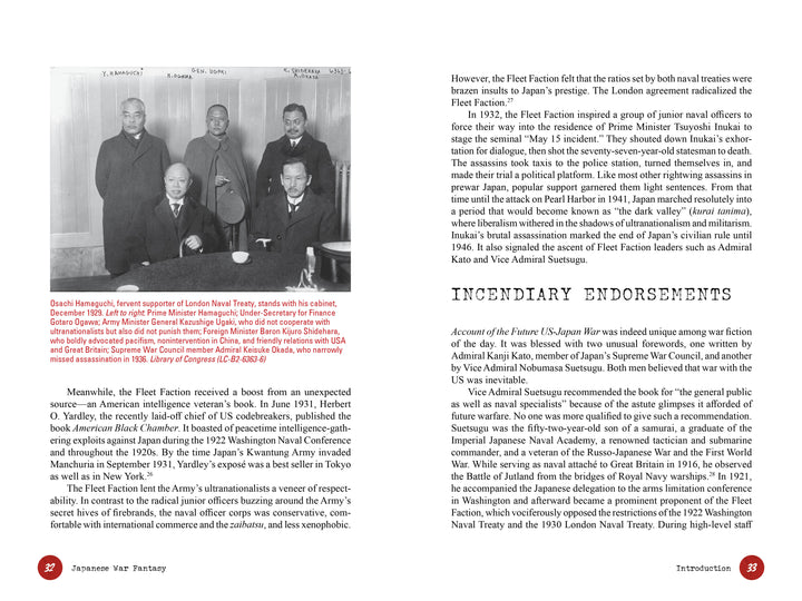 A black-and-white photo of five men in suits, likely key figures from Japanese pulp fiction, is featured on a book spread for "Japanese War Fantasy 1933" by Schiffer Publishing, Ltd., with a caption and text beneath the group portrait.