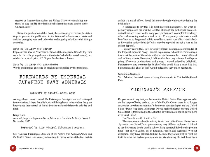 A two-page English spread from "Japanese War Fantasy 1933" (Schiffer Publishing, Ltd.) shows forewords by Imperial Japanese Navy admirals on the left and Kyosuke Fukunaga's preface about the book's WWII importance on pages 46–47.