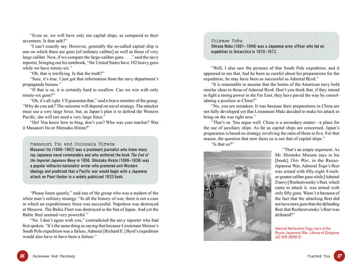 A two-page spread from Japanese War Fantasy 1933 by Schiffer Publishing, Ltd. shows English text with green and yellow sidebars on Japanese pulp fiction (left) and a gray sidebar on Shirase Nobu (right), pages 86–87 noted at the bottom.