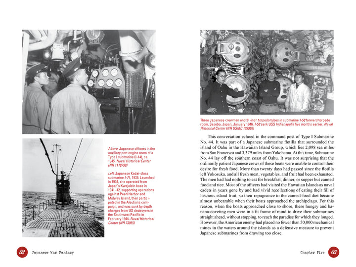 A two-page spread in Schiffer Publishing, Ltd.'s Japanese War Fantasy 1933 features black-and-white photos of Japanese navy submarines and crew, with captions and text about Kyosuke Fukunaga and submarine operations near Oahu in WWII.