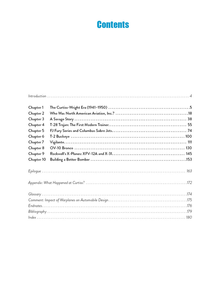 The table of contents in "North American Aviation in the Jet Age, Vol. 2" by Schiffer Publishing, Ltd. lists chapters on Curtiss-Wright, Columbus airplane factory, FJ Fury, B-52, Vigilante, OV-10 Bronco, XFV-12A, X-31, and more with page numbers.