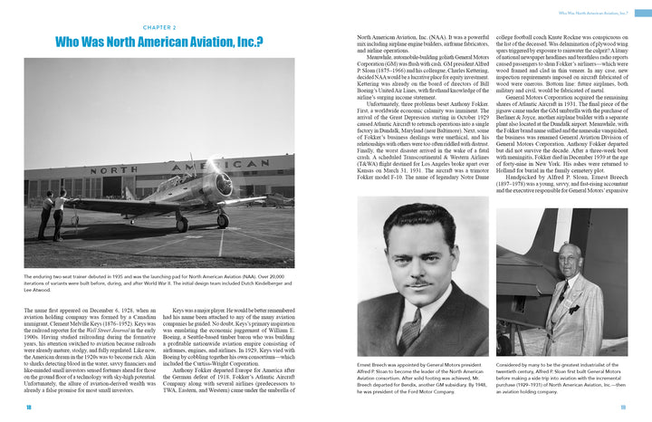 In "North American Aviation in the Jet Age, Vol. 2" by Schiffer Publishing, Ltd., a black-and-white photo of a vintage plane at a North American hangar appears opposite two portraits beside text on military aircraft production in Columbus.
