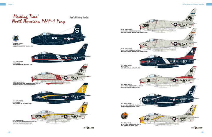North American Aviation in the Jet Age, Vol. 2 by Schiffer Publishing, Ltd. features side-profile illustrations of ten unique North American FJ/F-1 Navy fighter jets from factories like Columbus and companies such as Curtiss-Wright.