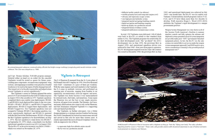 A two-page spread in *North American Aviation in the Jet Age, Vol. 2* (Schiffer Publishing, Ltd.) shows jets over ocean and coast, with text on Vigilante aircraft and military jet production at Columbus factory.