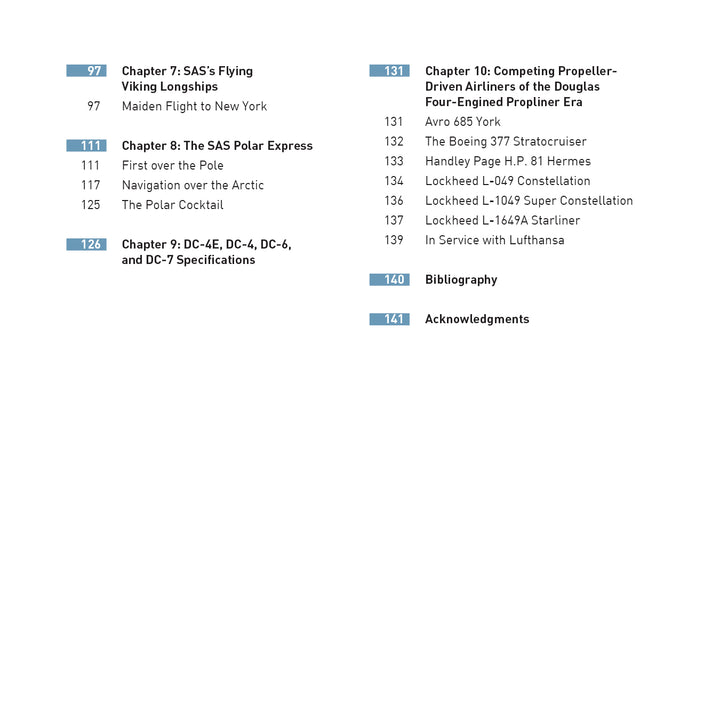 A table of contents lists chapters and pages from "Douglas DC-4, DC-6, and DC-7" by Schiffer Publishing, Ltd., covering commercial airliners, SAS’s Viking Longships, The Polar Express, the Boeing 377 Stratocruiser, and references.