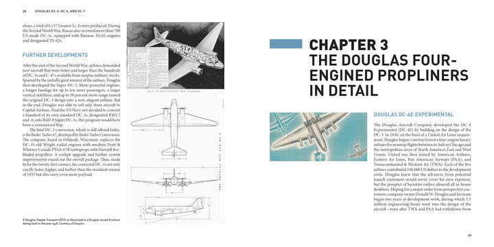 A book spread from Schiffer Publishing, Ltd.'s "Douglas DC-4, DC-6, and DC-7" shows diagrams and photos on the left page with technical text; the right page has “Chapter 3: Douglas Big Props” and a color image of a commercial airliner.